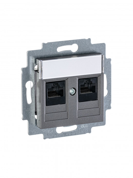 ABB EPJ Levit сталь / дымчатый чёрный Розетка компьютерная, 2хRJ45 кат,5e, сталь