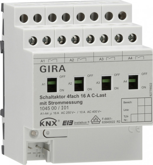Gira KNX Актор 4-х канальный 16 А контроль силы тока возм ручн упр DIN-рейка