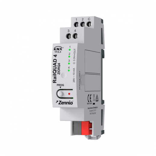Zennio ZIORQ4 Модуль входов RailQUAD 4, 4 универсальных входа, LED-индикация состояния, для DIN-рейки.