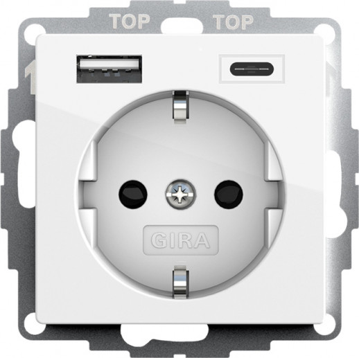 Gira S-55 Бел глянц Розетка с з/к, шт, с USB двойн.A /C