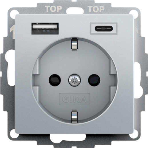 Gira S-55 Алюминий Розетка с з/к, шт,с USB двойн.A /C