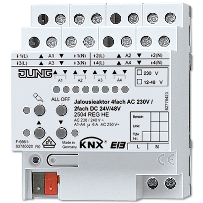 JUNG KNX Актор жалюзи 4-х канальный 220V AC 12-24V DC 6А возм ручн упр DIN-рейка